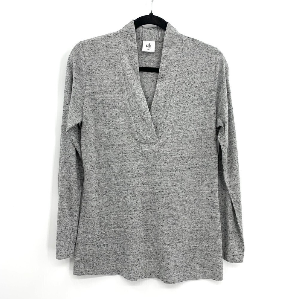 CABI Fleck Gray Placket V-Neck Long Sleeve Top Size Small